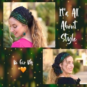 Lovely Black & Green Lace Handmade Mitpachat Head Covering-Scarf-Tichel Headband